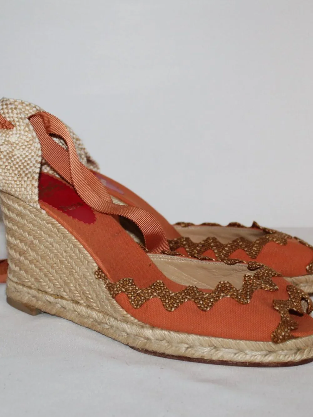 Christian Louboutin Orange Brigitte Espadrille Wedges Sandals Scalloped Trim 40